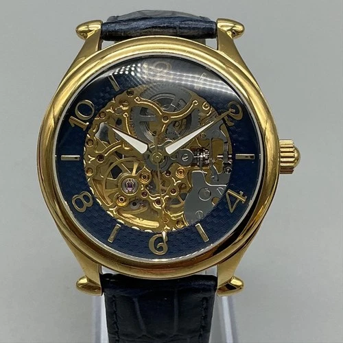 Mens Watch 41mm Blue Gold Skeleton Dial Gold Tone Leather Automatic 50m WR