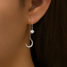 Women's Long Tassel Ear Studs Inlaid Synthetic Zircon Star Moon Earrings Alloy