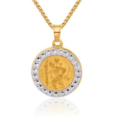 14K Solid Two Tone Gold Saint Christopher Medal Pendant Necklace