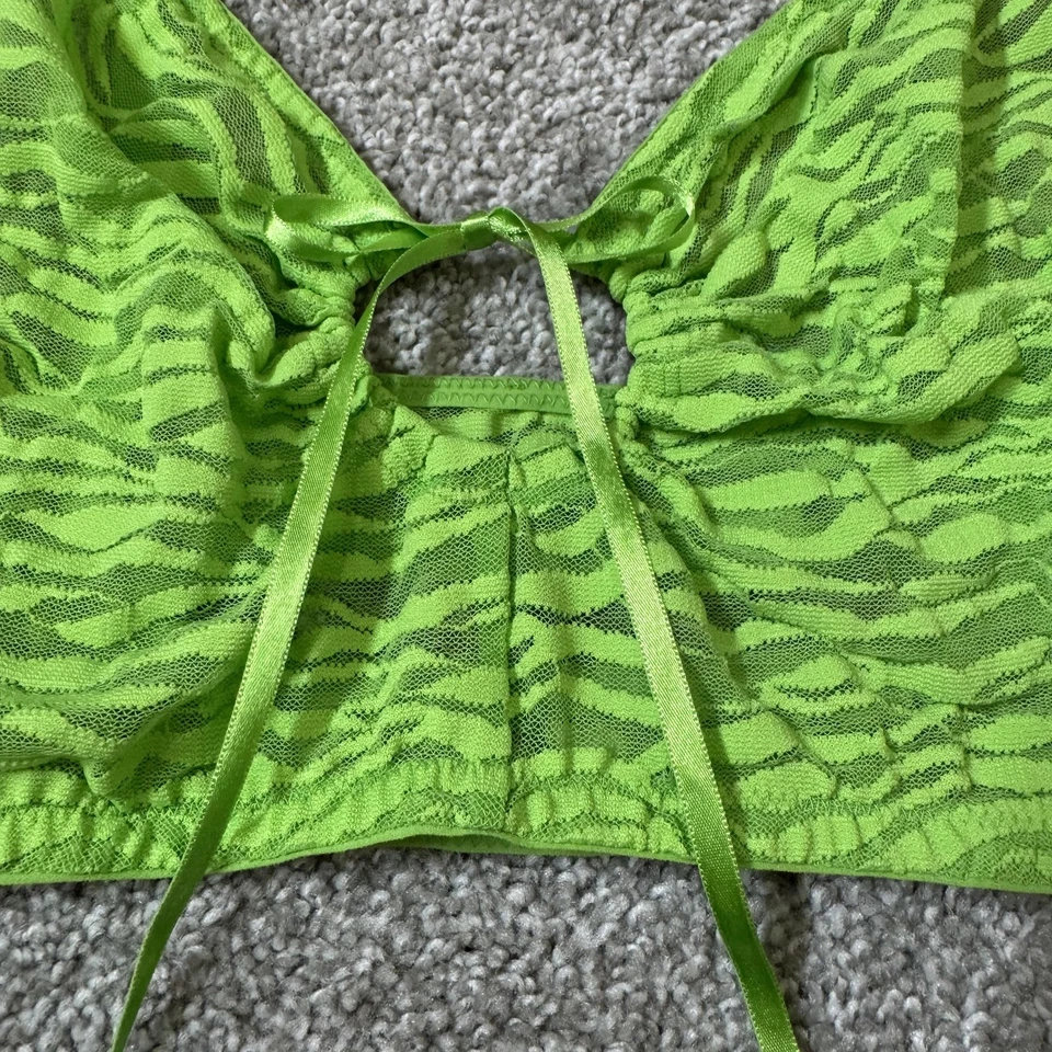 Bralette Savage X Fenty para mujer 2X verde malla transparente estampado de cebra corbata frontal ojo de cerradura Foto 3 de 4