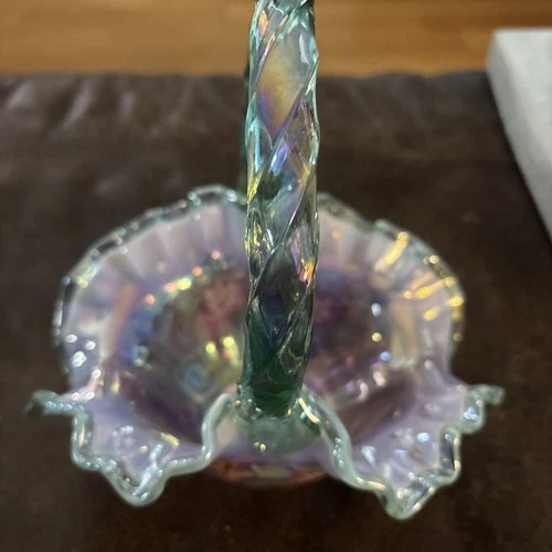 Fenton 8.5 in Basket Iridescent Aquamarine color ruffled edge Bill Fenton Signed