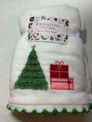 KASSAFINA HAND TOWELS (2)  GREEN PINK WHITE 18 X 28 100% Cotton NWT