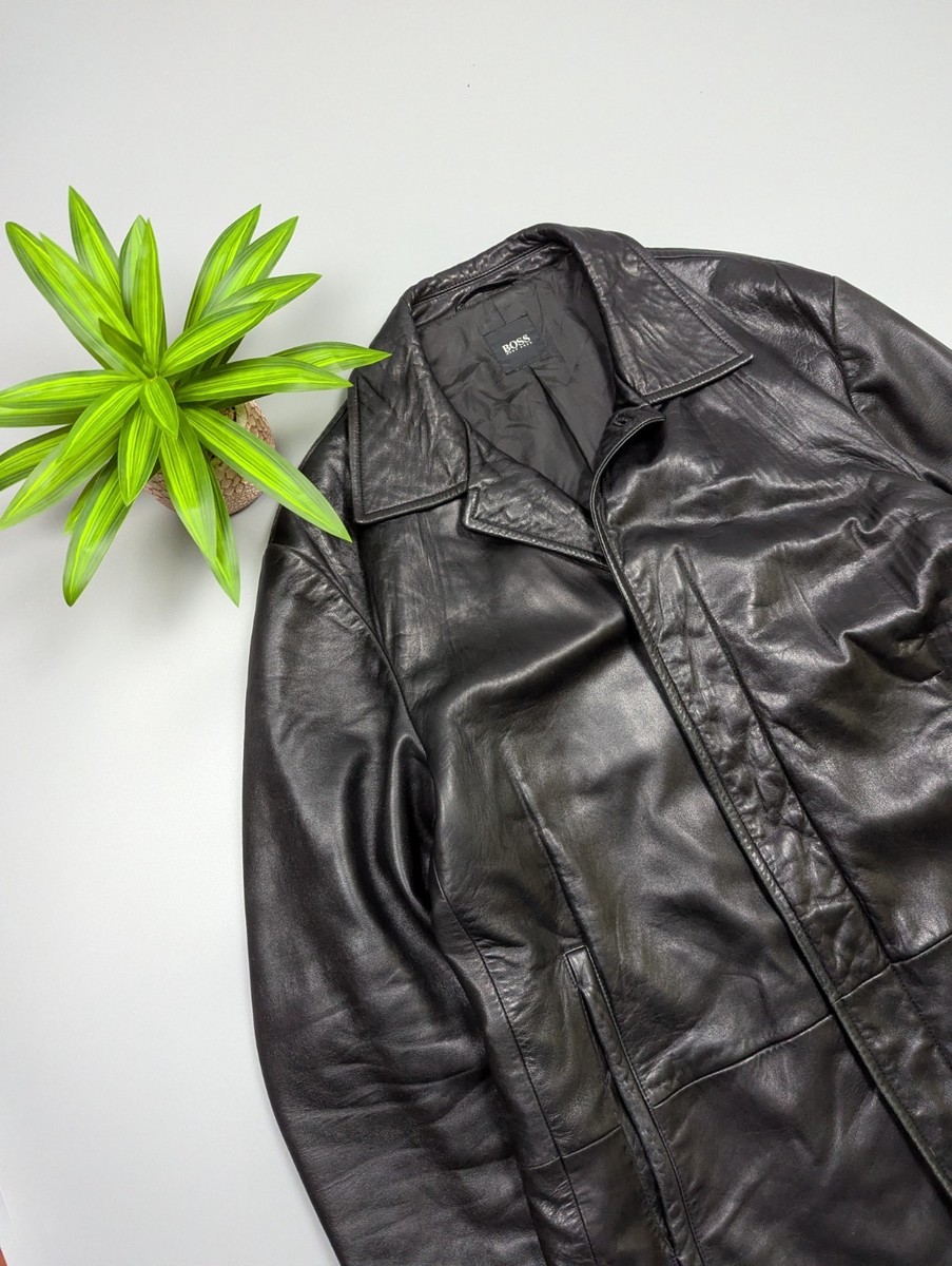 Hugo Boss Vintage Men's Black Long Lamb Leather Jacket/Coat Size L