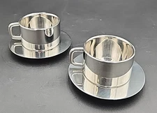 SERGIO ASTI FOR ICM ITALY POST MODERN STAINLESS STEEL ESPRESSO CUP & SAUCER PAIR
