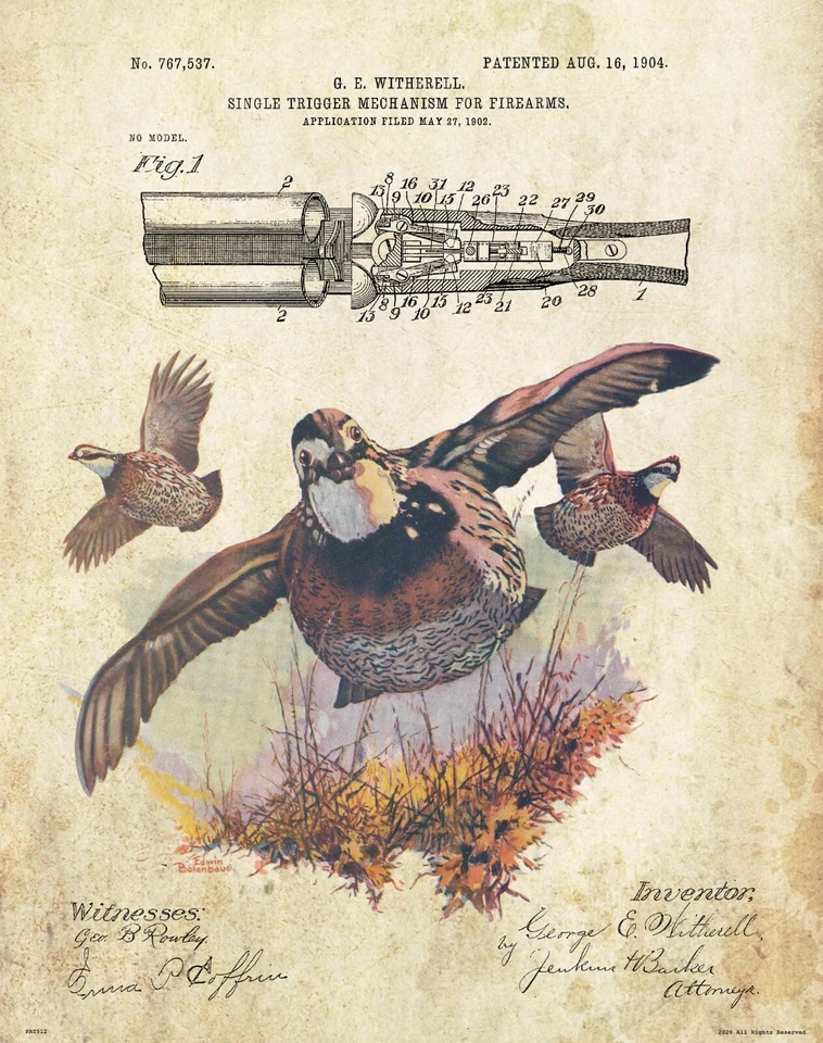 Vintage Quail Remington Shotgun Patent Art Print Cabin Home Wall Office Decor