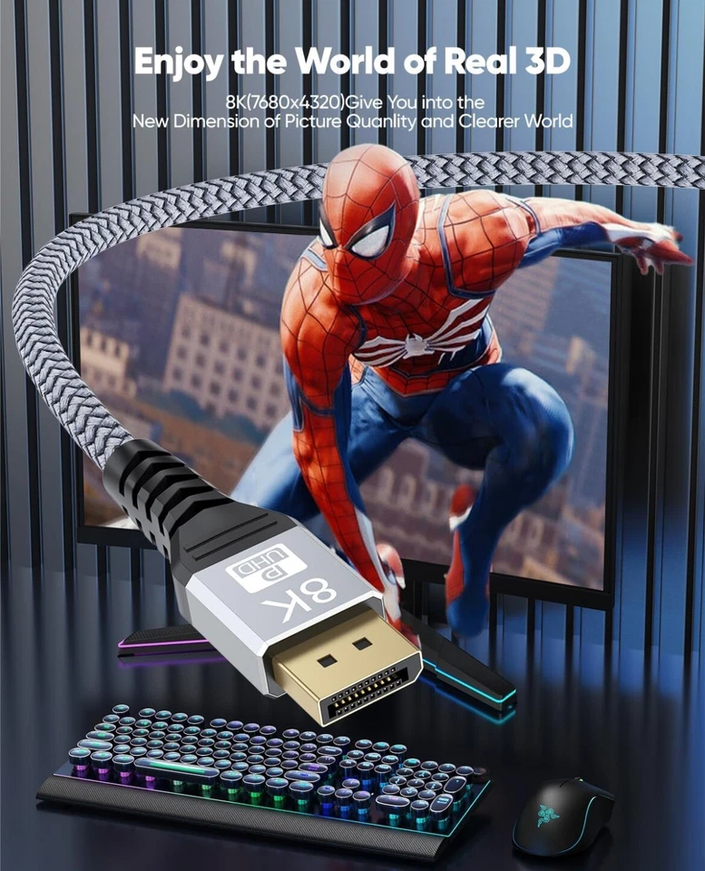 UHD 8K DisplayPort Cable 10FT 8K@60hz, 4K@144hz32.4Gbps, HDR, HBR3 DP to DP Cord - Image 2 of 4