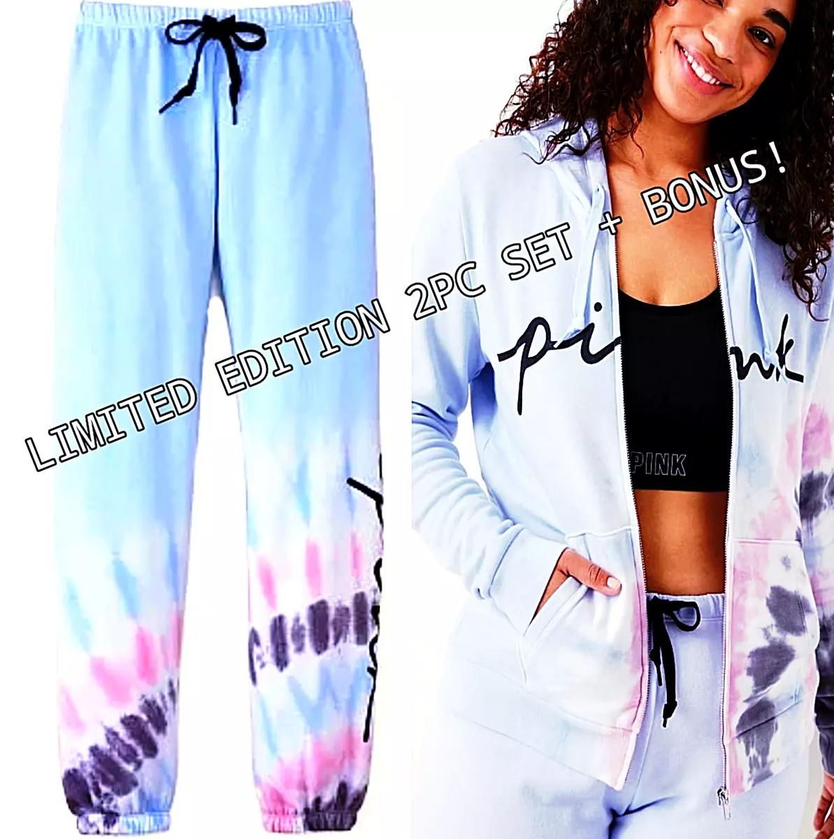 Victoria Secret PINK Tie Dye CLASSIC SWEATPANT & HOODIE 2pc Set S Hydrangea  Blue