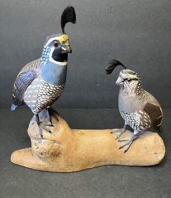 Vtg. Two California Quail Sculpture, Hand Painted & Carved Binninger, on Stand