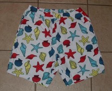 NEW NWT Mens Sz Large White Print Elastic Waist Fitted Swim Shorts Side Pockets