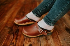 Swedish wooden clogs with buckle from antic real leather and light wood and PU