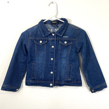 DKNY Girls Denim Jacket Size 6X Stretch Snap Closure Spell Out Silver