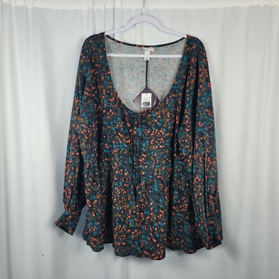 Ava & Viv Long Sleeve Blouse Women's Size 3X Black Pink & Blue Floral NEW