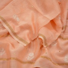 Vintage Peach Dupatta Long Stole Chanderi silk Handmade Mukesh  Chikankari Veil