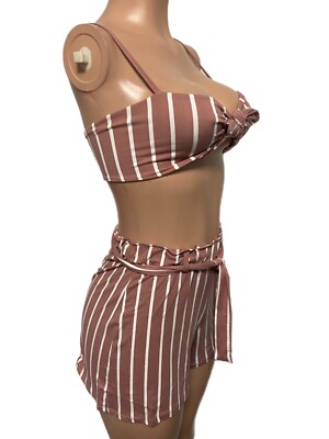 Sexy Pink Stripe 2 Piece Shorts Tie Front Crop Cleavage Top Set Vacay Resort New | eBay Sexy Pink Stripe 2 Piece Shorts Tie Front Crop Cleavage Top Set Vacay Resort New | eBay