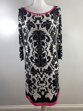 Eliza J Womens Geometric Print Shift Dress Sz 14 Slinky Stretch Knit Black White