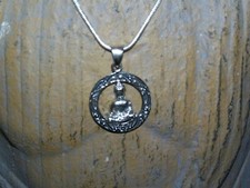 Sterling Seated circled Buddha pendent on 2mm 16-30 inch sterling necklace.