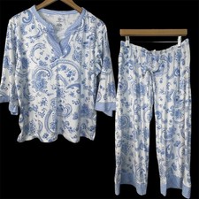 Flora Nikrooz Womens Pajama Set Blue Paisley Print Split Neck L Cozy Lounge