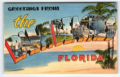 Vintage Linen 'Greetings from Palm Beaches Florida' Tichnor 1950s Postcard