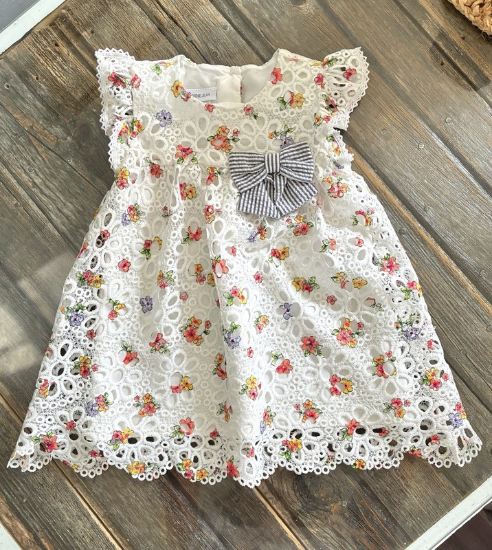 Bonnie Jean Girls' Size 4T Lined Floral Lace Eyelet Dress Pinstripe Bow