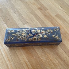 Vintage Painted Wood Pencil Case/box Blue with tree bird looks like hand painted