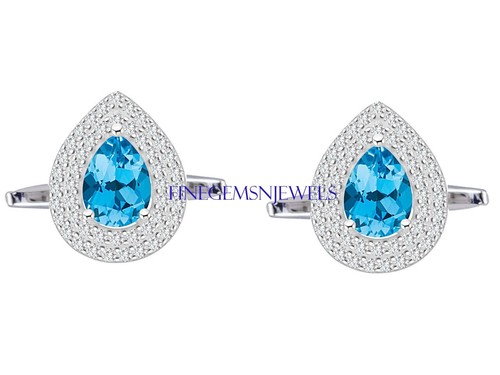 Natural Blue topaz & white topaz Stone 925 Sterling Silver Cufflinks For Gift #2 - Picture 2 of 6
