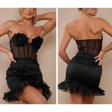 PTL PrettyLittleThing Black Shell Frill Cup Corset Bodycon Dress Size 12 NEW
