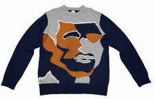 Zara Men's Navy Blue Face Motif Chunky Long Sleeve Crew Neck Knit Sweater Large