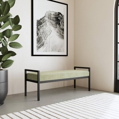 Modern Metal Bench 49.5'' Light Sage Green Velvet Upholstered, Entryway