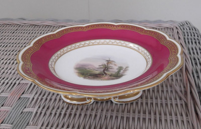 1870's Davenport Longport 9-1/4'' Footed Compote or Tazza - Scenic View - Magenta