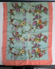 Vintage Scarf MULTICOLOR FLOWER Design with Pink Border 44"x17" Rectangular