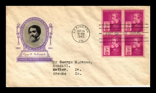 US COVER CYRUS H MCCORMICK FAMOUS AMERICANS FDC SCOTT 891 BLOCK OF 4 IOOR CACHET