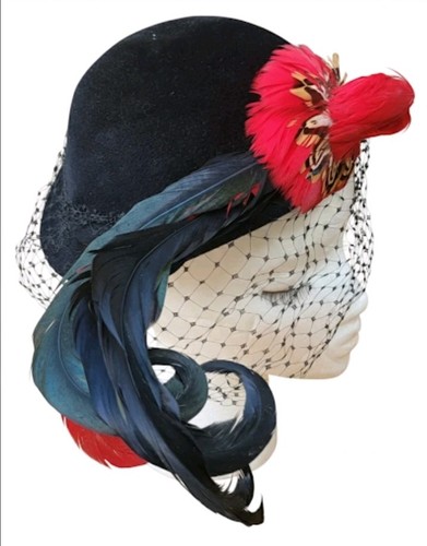 Vintage 1930er italienischer VOGELKOPF FEDERN SAMT COCKTAILHUT FASCINATOR Kostüm - Bild 3 von 7