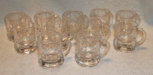 Federal Glass Shot Glasses Mini Beer Mugs Clear Vintage MCM Barware Set Of 11