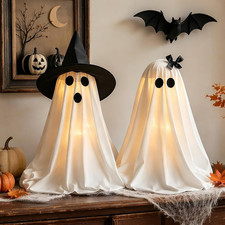Halloween Decorations Light-Up Ghosts with Witch Hats, Indoor Ghost Decor  Set