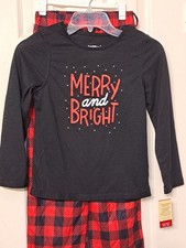 Boys Christmas Pajama Set Blk Shirt  Buffalo Plaid Pants Sz Med 8 NEW W Tags