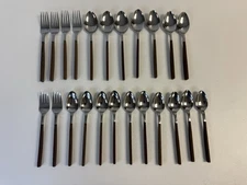 EKCO Eterna Epic 23 Pcs Of Flatware MCM Canoe Muffin Stainless Wood Handle Spoon