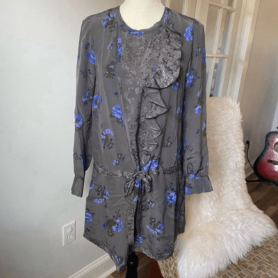 Rebecca Taylor Gray Floral Silk Drop Waist Dress size 4 Long Sleeve Ruffles  | eBay