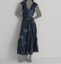 Ralph Lauren Women's Blue Crepe Geo V-Neck Button-Front Self-Tie Dress Size 6