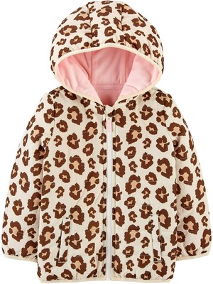 Girls' Puffer Jacket Beige Pink Leopard Print 4T
