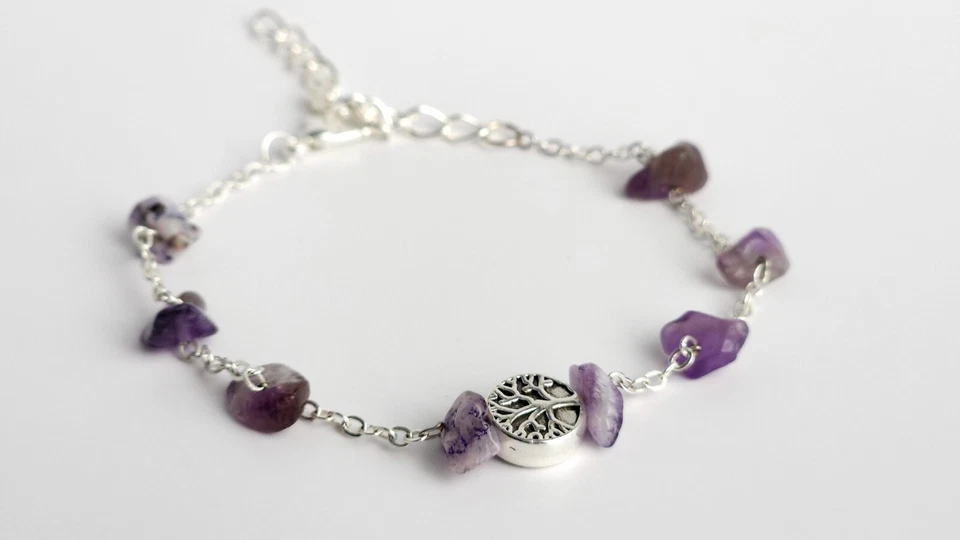 Nuevo Brazalete de Cuarzo Hecho a Mano Plata Tibetana Árbol de la Vida Dije Cristales Amatista Foto 3 de 4