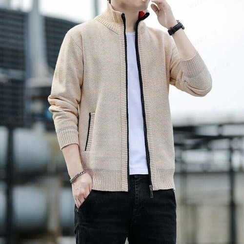 Men Male Baseball Padded Sweater Cardigan Needle Knit Thickened Fashion Jacket - Picture 3 of 25