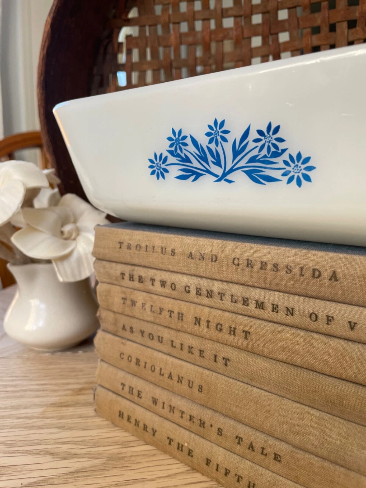 Vintage Milk Glass Anchor Hocking Blue Flower Loaf Pan