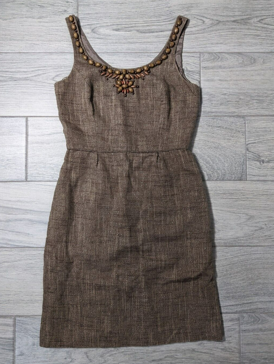 Antonio Melani Art Boho Wood Beaded Brown Tan Linen Blend Sheath Dress Sz 2 N77