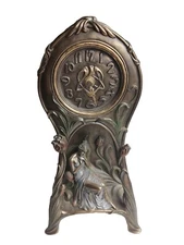 Bronze  Art Nouveau Table Clock Woman & Flower Tulip Veronese - NEEDS HANDS MECH
