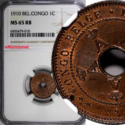 Belgian Congo Copper 1910 1 Centime NGC MS65 RB TOP GRADED BY NGC KM# 15 (010)
