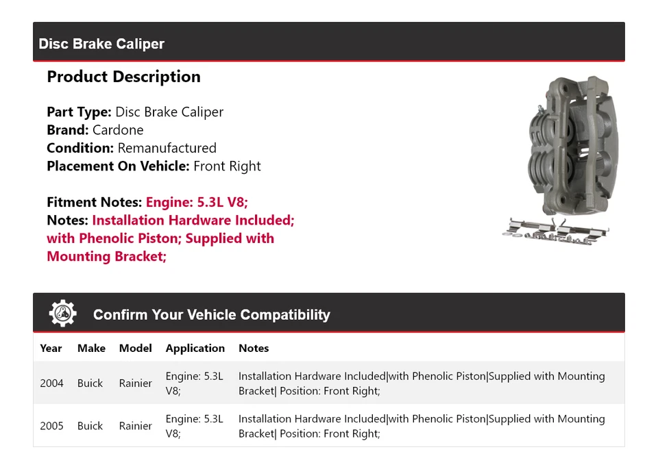 适用于 2004 - 2005 年别克 Rainier 5.3L V8 盘式制动卡钳前右 Cardone — 第 2/4 张图片