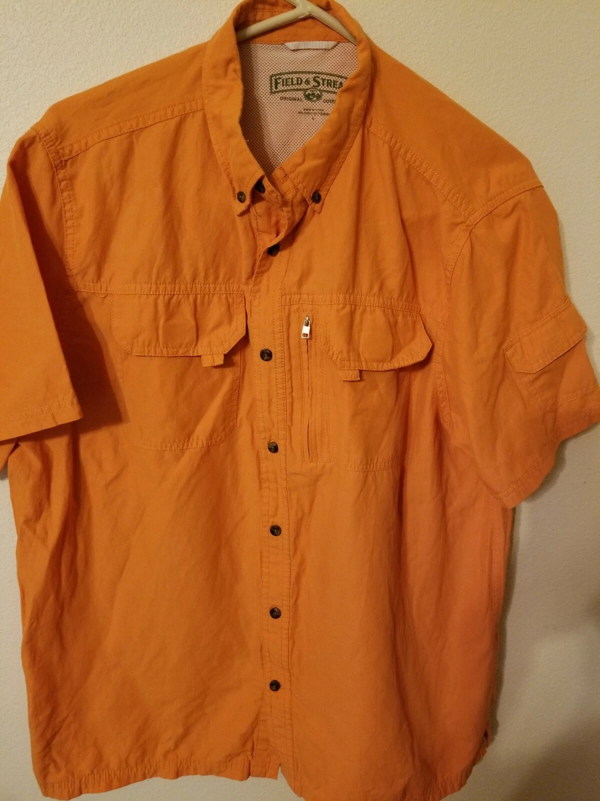 field stream mens size L shirt orange 4 cargo pockets short sleeve 29 L 25 acros