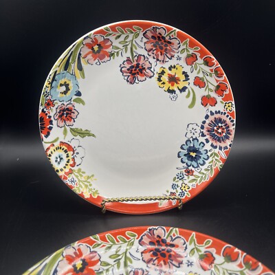 (4) 222 Fifth Razzle Dazzle Red 10.5  Porcelain Dinner Plates PTS INTERNATIONAL