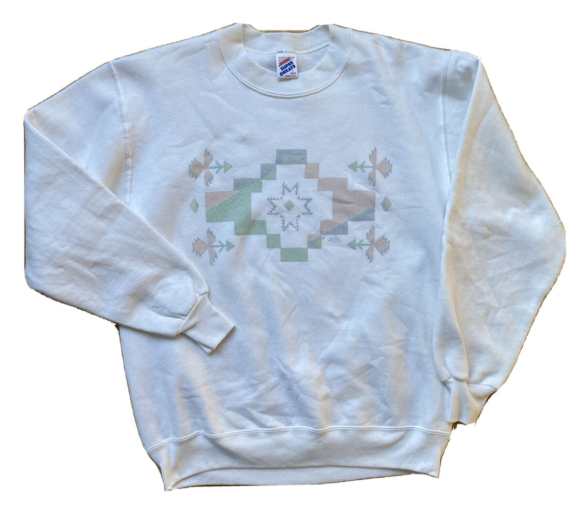 Vintage 90s Jerzees Super Sweats White Aztec Jamsey Crewneck Vintage 90s Jerzees Super Sweats White Aztec Jamsey Crewneck