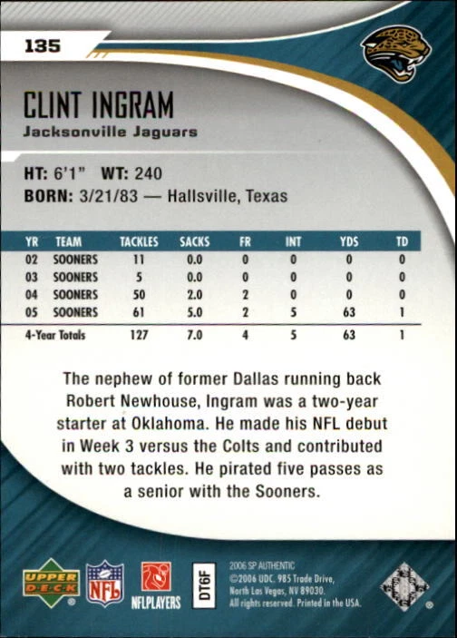 A7893- 2006 SP Authentic #135 Clint Ingram RC /1399 - Image 2 of 2